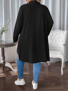 SHEIN LUNE Plus Size Women's Spring Autumn Sequin Print Long Sleeve Open Front Long Casual Jacket - Black - View 2