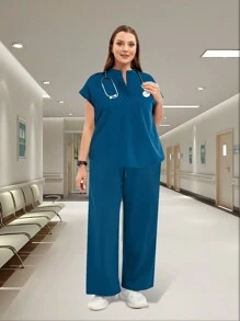 cimmuovere 加大码立领无袖宽松上衣和实用多口袋长裤套装，医护人员手术服套装 - 墨綠色 - 查看 4