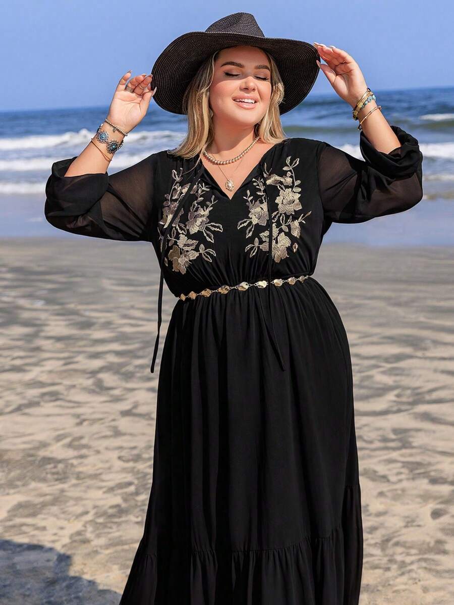 Plus Size Spring Floral Embroidered Tie Neck Lantern Sleeve Dress - Black - View 1