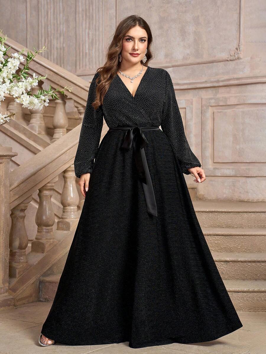 Đầm Maxi Dự Tiệc Cocktail Cổ Chữ V Tay Dài Màu Đen Cỡ Lớn Cho Nữ Kèm Thắt Lưng - màu đen - Xem 1