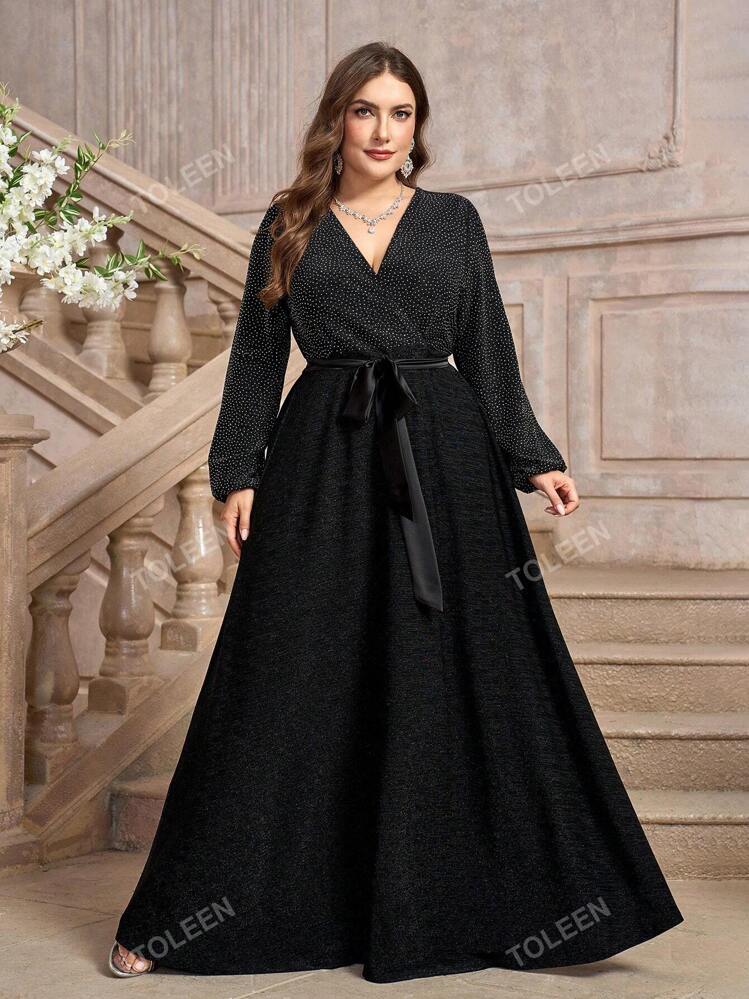 Plus Size Women V-Neck Long Sleeve Black Cocktail Party Maxi Dress With Belt  | SHEIN USA