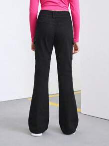 SHEIN Explorewe 中小童女Y2K復古街頭風酷黑色彈性可調腰部貨褲喇叭牛仔褲 - 黑色 - 查看 6