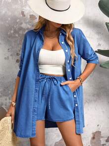 SHEIN LUNE Quần short denim dáng rộng có dây buộc eo dành cho nữ - Rửa tối - Xem 3