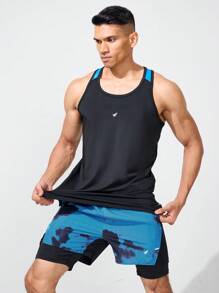 Manfinity Fitness Boyfriend Style Men's Contrast Color Sleeveless Vest Top, Printed Short Style, Sport Set - Black - View 1