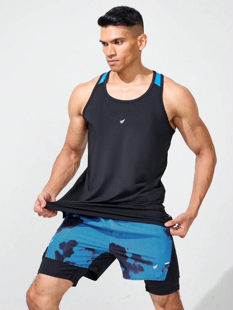 Manfinity Fitness Boyfriend Style Men's Contrast Color Sleeveless Vest Top, Printed Short Style, Sport Set - Black - View 1