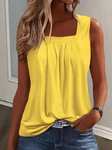 Slaydiva Simple Basic Knitted Yellow Women's Tank Top With Square Neckline, Sleeveless, Loose Fit