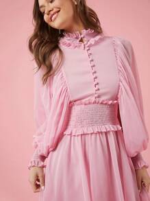 Enchnt Fall Holiday Romantic Elegant Pink Women Simple Solid Color Long Sleeve Mesh Panel Dress For Daily Wear