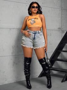 SHEIN SXY Plus size hoog getailleerde A-lijn noodlijdende denim shorts met gerafelde zoom