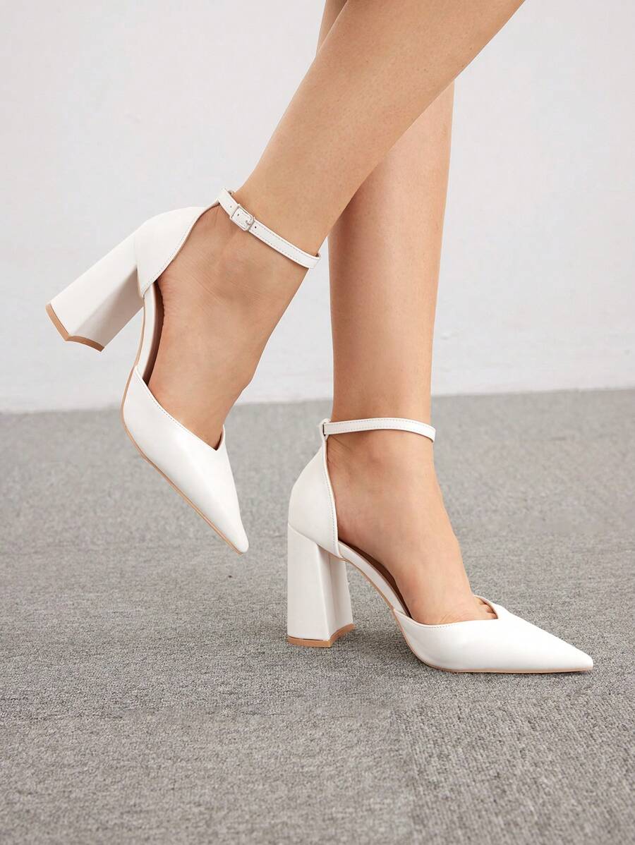 CUCCOO BIZCHIC Fashionable White V-Cut Pointed Toe Chunky Heel Ankle Strap High Heel Shoes For Women, Suitable For Office, Dating, Parties And Weddings Spring Shoes Spring Break Easter For Christmas Spring Shoes - White - View 1