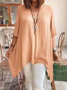 Blusa de manga corta, cuello redondo, sencilla y casual de unicolor para mujer talla grande