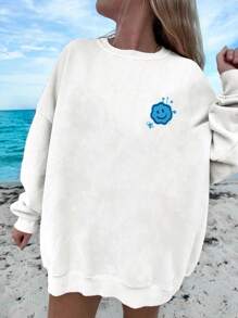 SHEIN EZwear Sudadera informal de manga larga para mujer con estampado de frase en inglés con cara sonriente, adecuada para la playa y la temporada de otoño/invierno, tops de manga larga