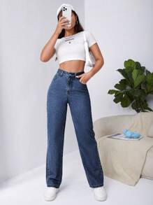 SHEIN Frenchy 女性高腰斜口袋男友寬鬆牛仔褲 - 深色水洗藍 - 查看 4