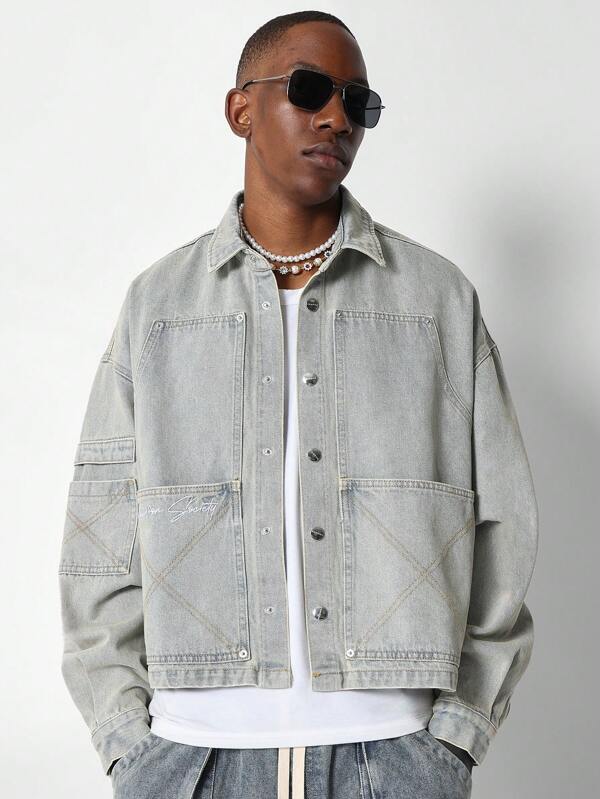SUMWON Washed Boxy Fit Denim Carpenter Shirt With Patch Label