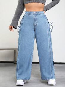 SHEIN CURVE+ 大码女式喇叭宽松牛仔裤，配侧系带孔眼细节 - 淺色水洗藍 - 查看 5
