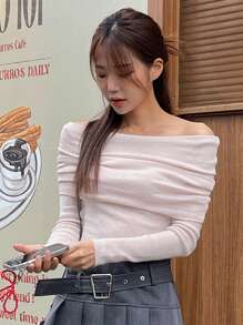 DAZY Áo thun nữ hở vai tay dài ôm sát - Hồng - Xem 8