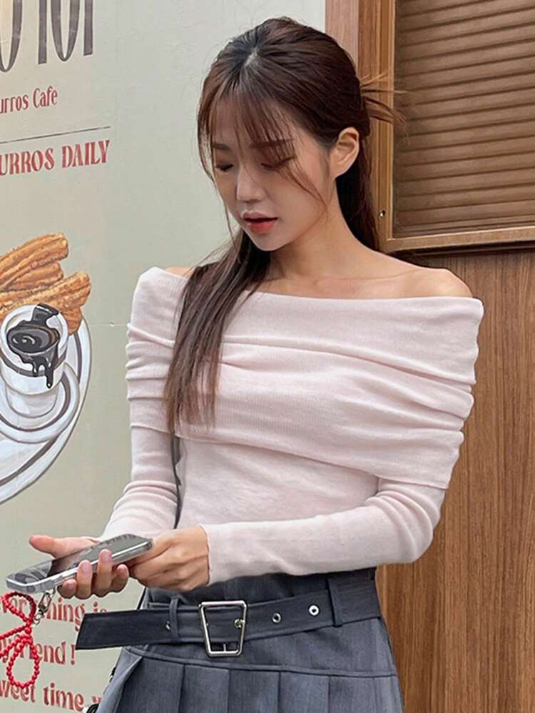 Women's Off-Shoulder Fitted T-Shirt Long Sleeve Women Tops