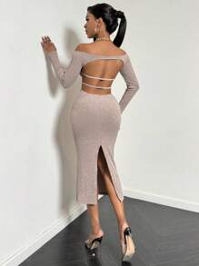 VaVaBold Vestido con hombros descubiertos, espalda con cortes y abertura lateral, manga larga, unicolor y sexy para mujer