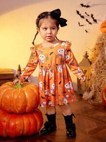 SHEIN Baby Girl Casual Daily Cute Bunny & Bat Halloween Print Long Sleeve Dress, Suitable For Halloween Party