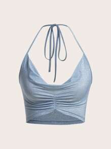 SHEIN X KeniaOs SHEIN ICON Parte superior halter con espalda descubierta, fruncido delantero y cuello drapeado - Celeste - Ver 1