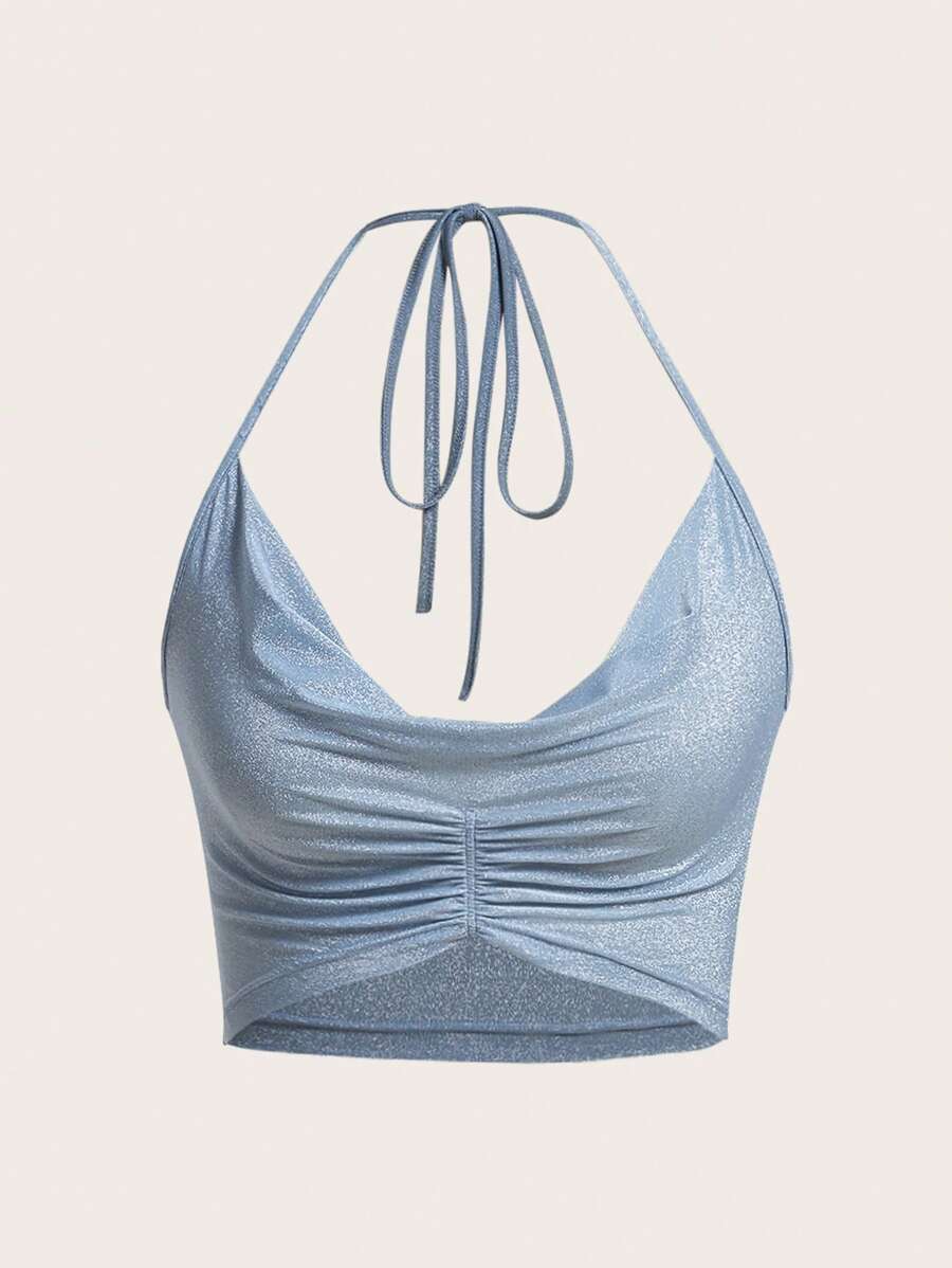 SHEIN X KeniaOs SHEIN ICON Parte superior halter con espalda descubierta, fruncido delantero y cuello drapeado - Celeste - Ver 1