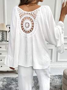 Chiquease 2pcs Women Casual White Outfit With Lace Patchwork Ruffle Hem Detail, For Autumn - White - View 5