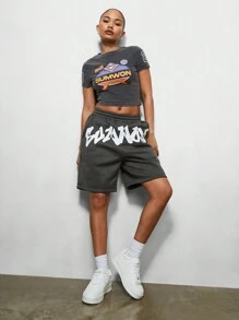 SUMWON WOMEN 涂鸦图案印花低裆短裤 - 深灰色 - 查看 3