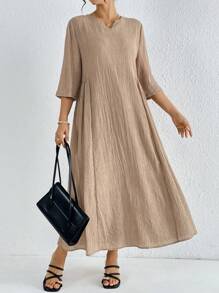 Mulvari Women Solid Notched Collar Casual Daily Modest Dress - Coffee - View 3