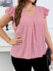 SHEIN Clasi Plus Size Women's Summer Solid V-Neck Ruffle Sleeve Casual Light Pink Shirt Blouse