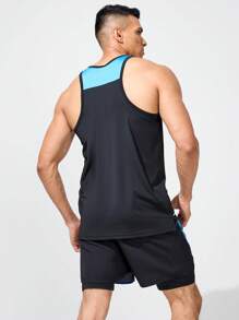 Manfinity Fitness Boyfriend Style Men's Contrast Color Sleeveless Vest Top, Printed Short Style, Sport Set - Black - View 2