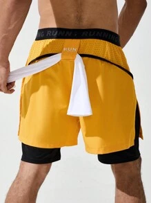 Manfinity Sport Corelite Quần short thể thao nam kiểu boyfriend có dây ruy băng và họa tiết chữ, túi hai bên. - Màu vàng - Xem 2