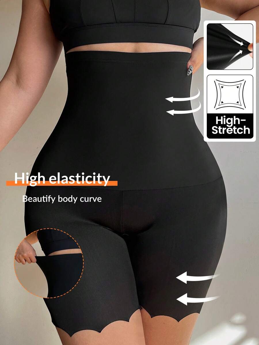 SHEIN Essnce 女士纯色高腰短款打底裤、紧身裤、高弹力高弹力黑色打底裤 - 黑色 - 查看 1