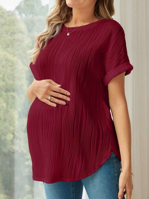 SHEIN Maternity Loose Fit Crew Neck Short Sleeve Long Casual T-Shirt For Pregnant Women, Summer