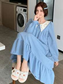 DAZY Dames geruite losse nachtjapon met flare mouwen