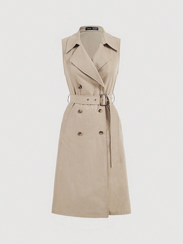 SHEIN MOD Khaki Retro Sleeveless Cinched Waist Women's Trench Coat Back To School Clothes Fall Clothes Winter Clothes Old Money Style