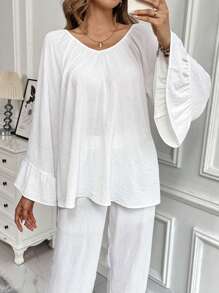 Chiquease 2pcs Women Casual White Outfit With Lace Patchwork Ruffle Hem Detail, For Autumn - White - View 2