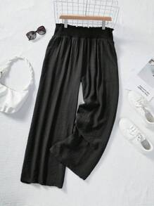 SHEIN Essnce 大码女士休闲阔腿裤，女士裤子，秋季女装女下装，阔腿女裤秋季，女士正装裤教师裤宽松女裤 - 黑色 - 查看 5