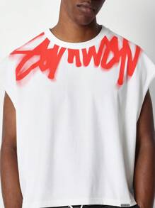 SUMWON Crop Fit Raw Edge Sleeveless Tank Top With Neck Graffiti Graphic Print - White - View 3