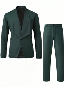 Manfinity Mode Men's Solid Color Front Button Closure Long Sleeve Fake Pocket Shirt And Pants Suit - Dark Green - View 4