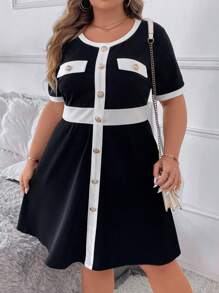 SHEIN CURVE+ Plus Size Women's Color Block Short Sleeve Round Neck Dress - Black and White - View 8