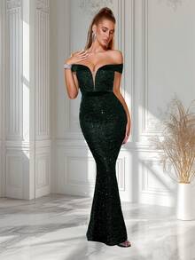 ADYCE Đầm dự tiệc lệch vai lưng cao đính sequin - màu xanh lá - Xem 5