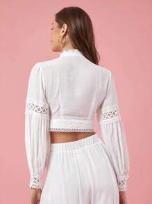 Enchnt Áo kiểu nữ mùa xuân/hè tương phản ren cổ đứng dài tay cắt cúp thanh lịch - trắng - Xem 2