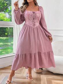 SHEIN Clasi 大码提花编织缎带连衣裙，带荷叶边下摆，超长女装 - 粉色 - 查看 7