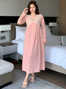 DAZY Lace Patchwork Knit V-Neck Waisted Nightgown Pajama - Pink - View 5