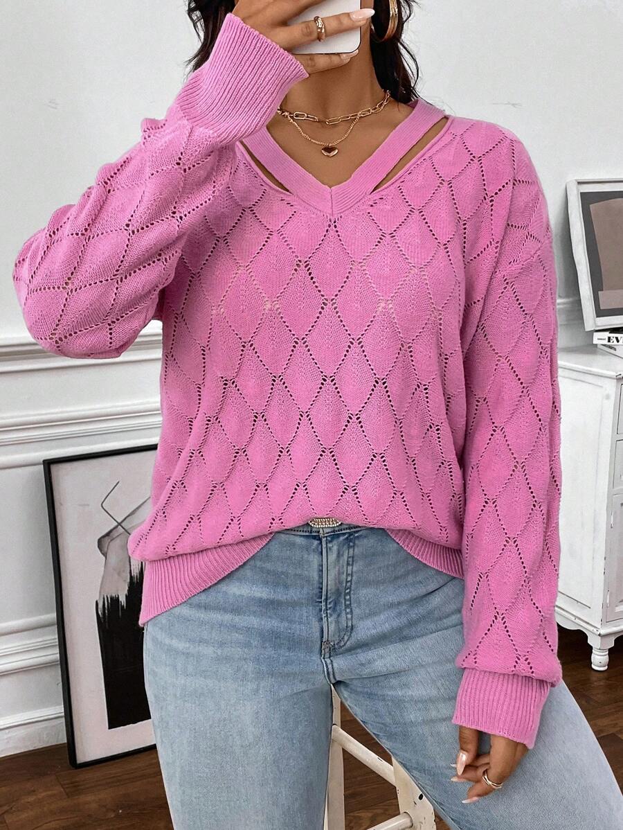 SHEIN Clasi Große Größen Pullover mit V-Ausschnitt, Rhombus Muster und Hohlräumen, Langarm