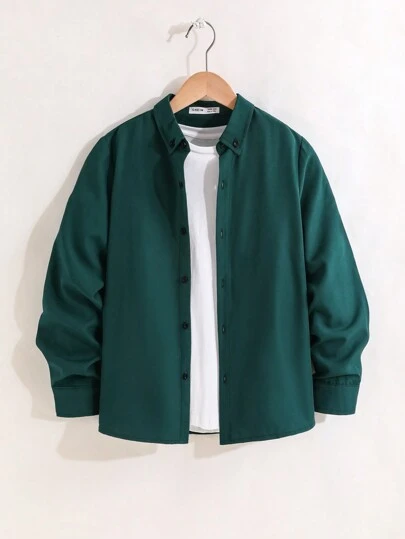 SHEIN Leap Crew 青少年男孩休闲长袖纽扣领衬衫