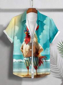 Manfinity RSRT Camisa informal de manga corta con diseño gráfico de arte colorido, estampado divertido de gallo, para el verano para hombres Manfinity RSRT