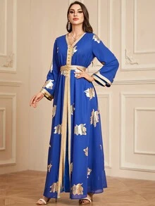 2 件套 女士阿拉伯雪纺锡箔印花朴素长袖连衣裙 卡夫坦阿拉伯连衣裙 - 藍色 - 查看 7