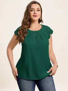 SHEIN Clasi 大码女式夏季纯色圆领蕾丝插肩袖优雅衬衫 - 墨綠色 - 查看 5