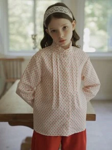 少女春夏波点印花荷叶边领长袖衬衫和阔腿裤两件套 - 紅色 - 查看 6