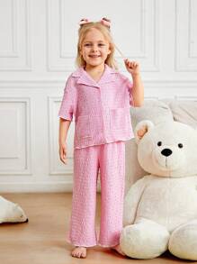 SHEIN Set de pijamale 2 bucăți cu guler cu buzunare, cămașă cu mânecă scurtă și pantaloni largi pentru fete tinere